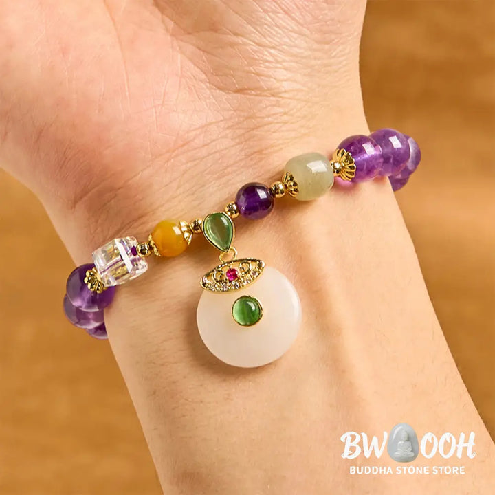 Buddha Stones Natural Amethyst Peace Buckle Charm Spiritual Bracelet - BWOOOH - Amethyst(Wrist Circumference 14-16cm)
