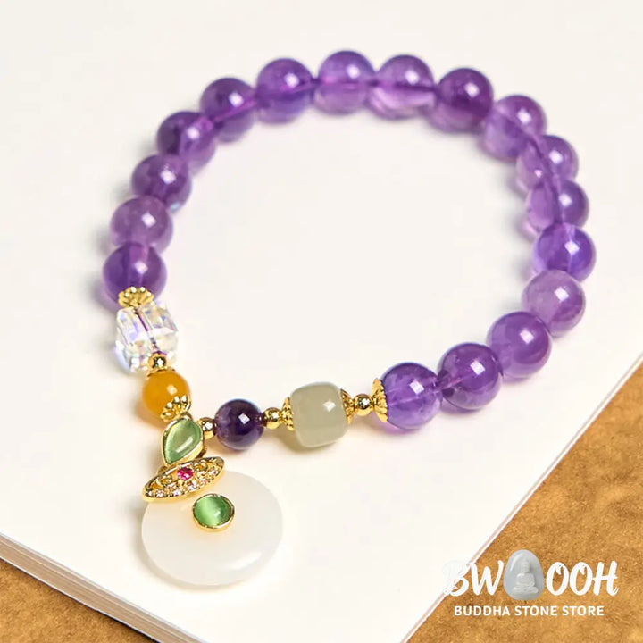 Buddha Stones Natural Amethyst Peace Buckle Charm Spiritual Bracelet - BWOOOH - Amethyst(Wrist Circumference 14-16cm)