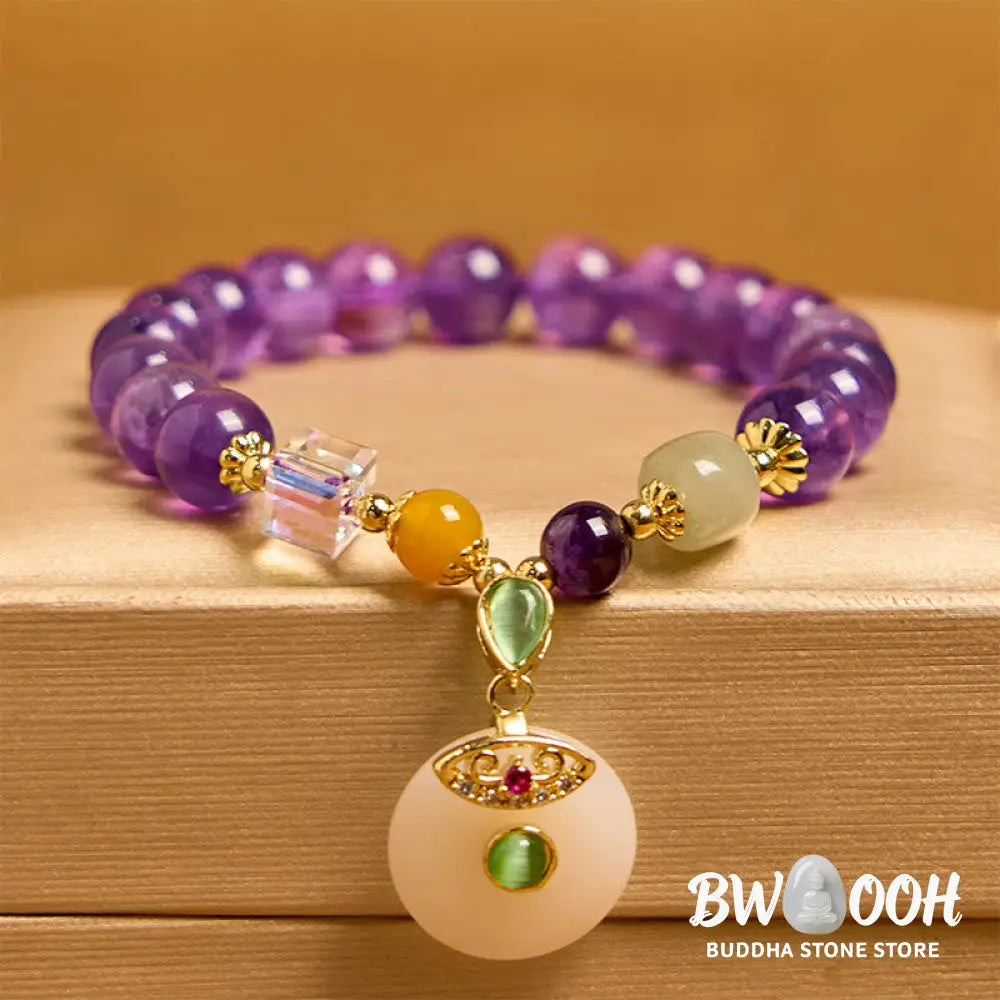 Buddha Stones Natural Amethyst Peace Buckle Charm Spiritual Bracelet - BWOOOH - Amethyst(Wrist Circumference 14-16cm)