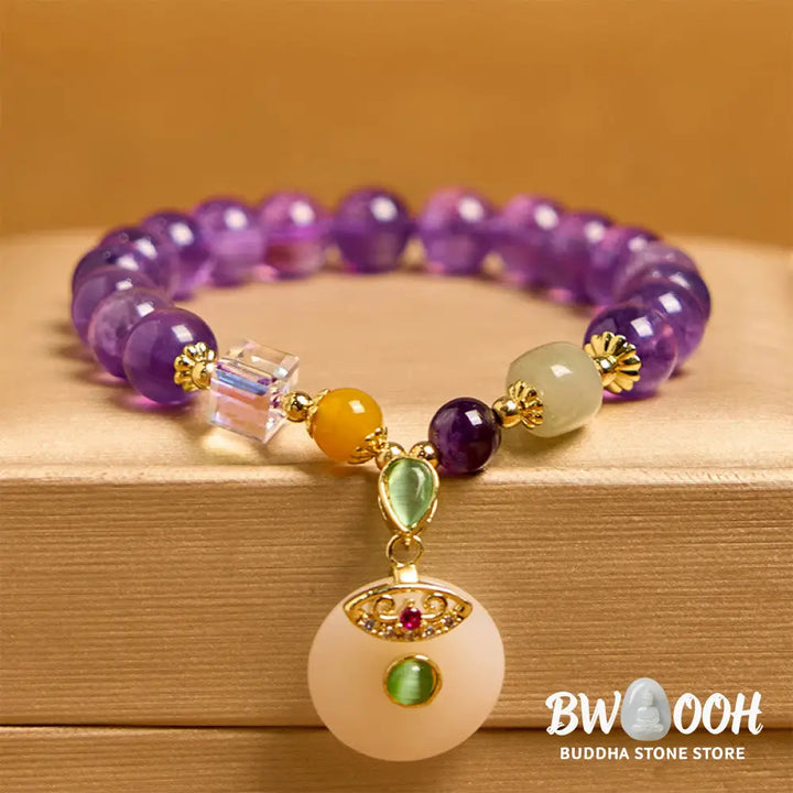 Buddha Stones Natural Amethyst Peace Buckle Charm Spiritual Bracelet - BWOOOH - Amethyst(Wrist Circumference 14-16cm)