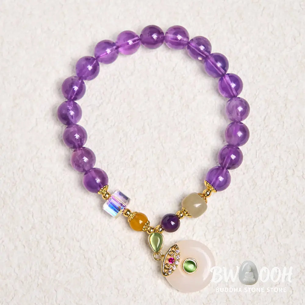 Buddha Stones Natural Amethyst Peace Buckle Charm Spiritual Bracelet - BWOOOH - Amethyst(Wrist Circumference 14-16cm)