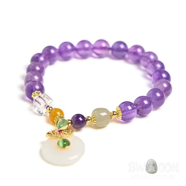 Buddha Stones Natural Amethyst Peace Buckle Charm Spiritual Bracelet - BWOOOH - Amethyst(Wrist Circumference 14-16cm)