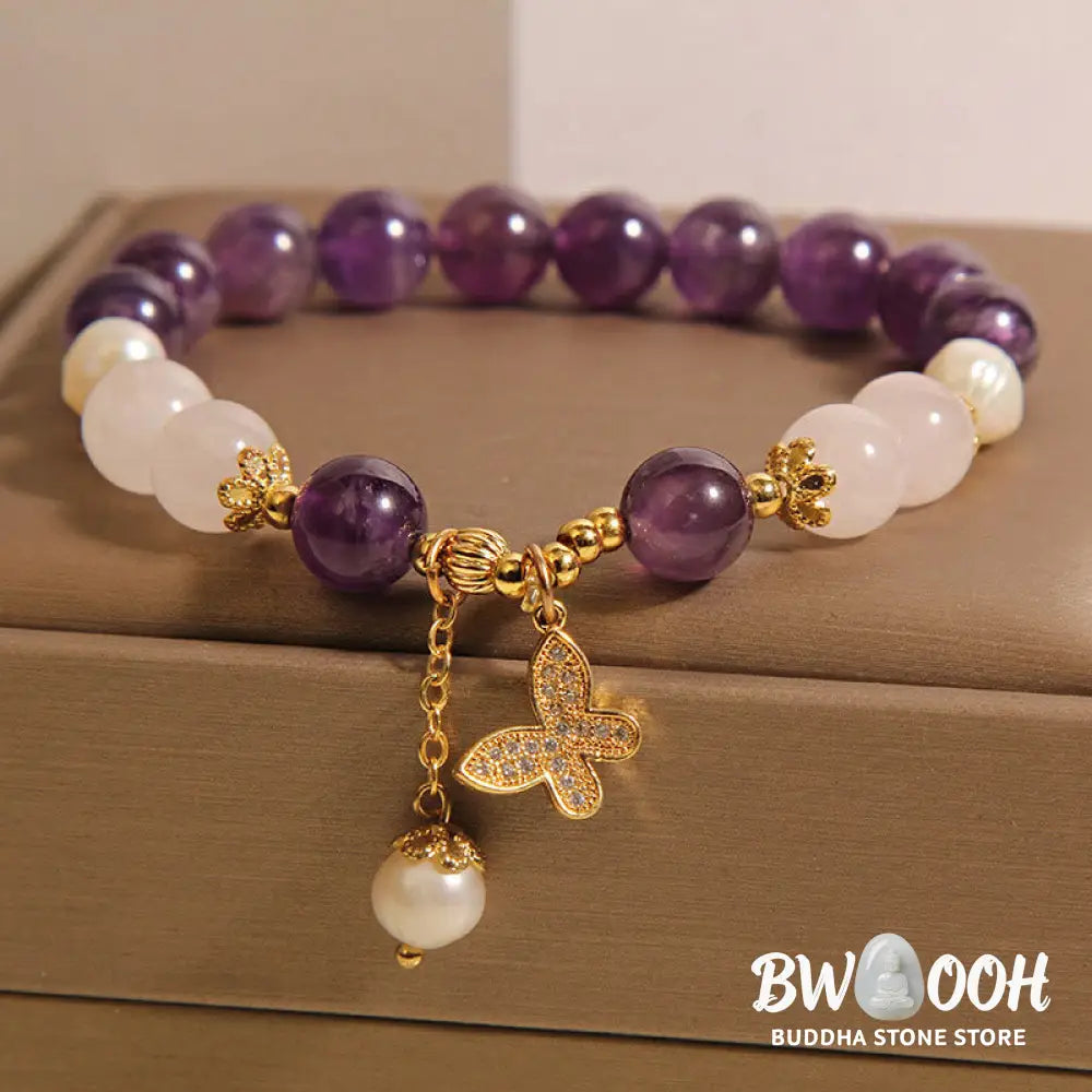 Buddha Stones Natural Amethyst Pearl Crystal Spiritual Healing Butterfly Charm Bracelet - BWOOOH - Amethyst(Wrist