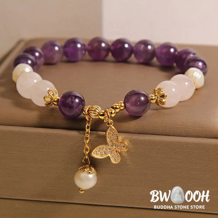 Buddha Stones Natural Amethyst Pearl Crystal Spiritual Healing Butterfly Charm Bracelet - BWOOOH - Amethyst(Wrist