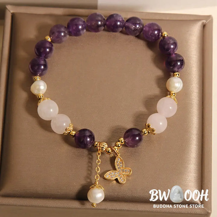 Buddha Stones Natural Amethyst Pearl Crystal Spiritual Healing Butterfly Charm Bracelet - BWOOOH - Amethyst(Wrist
