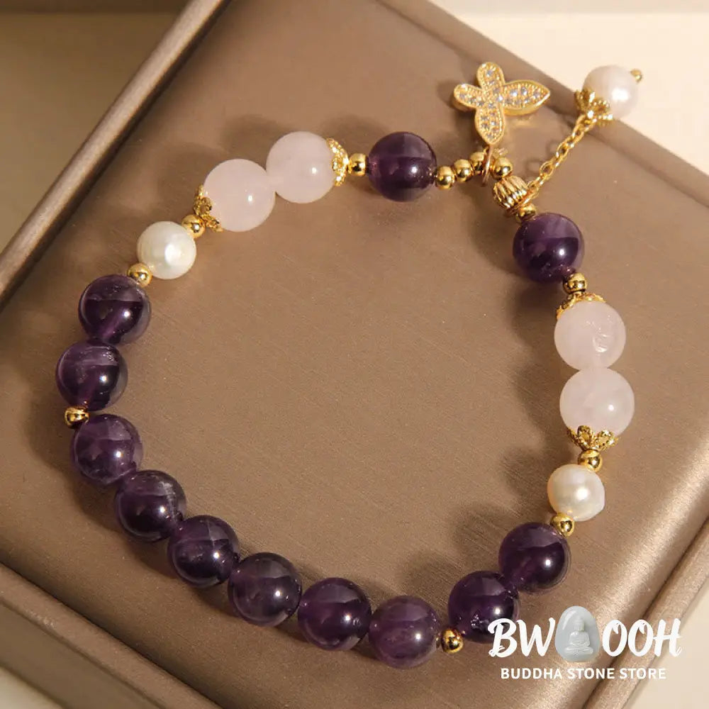 Buddha Stones Natural Amethyst Pearl Crystal Spiritual Healing Butterfly Charm Bracelet - BWOOOH - Amethyst(Wrist