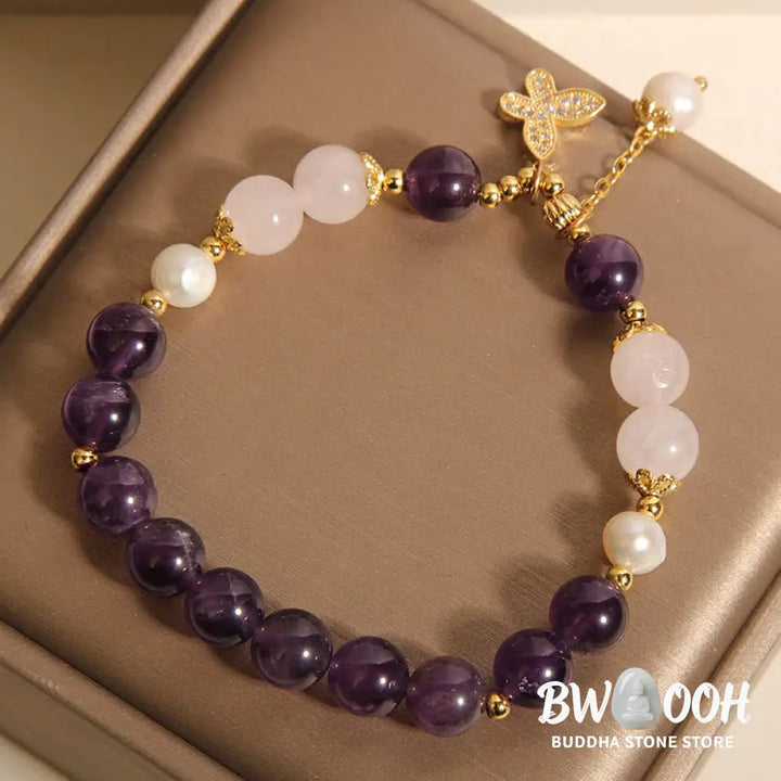 Buddha Stones Natural Amethyst Pearl Crystal Spiritual Healing Butterfly Charm Bracelet - BWOOOH - Amethyst(Wrist