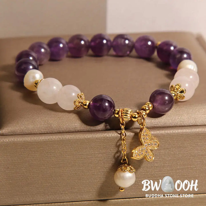 Buddha Stones Natural Amethyst Pearl Crystal Spiritual Healing Butterfly Charm Bracelet - BWOOOH - Amethyst(Wrist