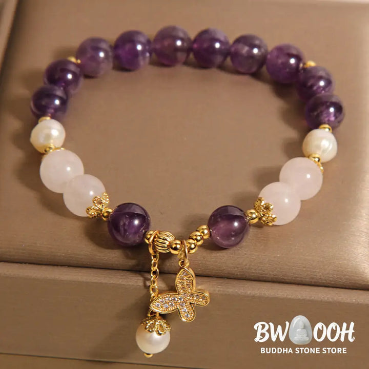 Buddha Stones Natural Amethyst Pearl Crystal Spiritual Healing Butterfly Charm Bracelet - BWOOOH - Amethyst(Wrist