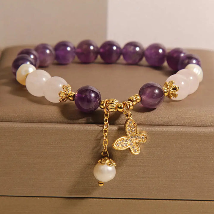 BWOOOH Natural Amethyst Pearl Crystal Spiritual Healing Butterfly Charm Bracelet — Amethyst crystal healing bracelet for s...