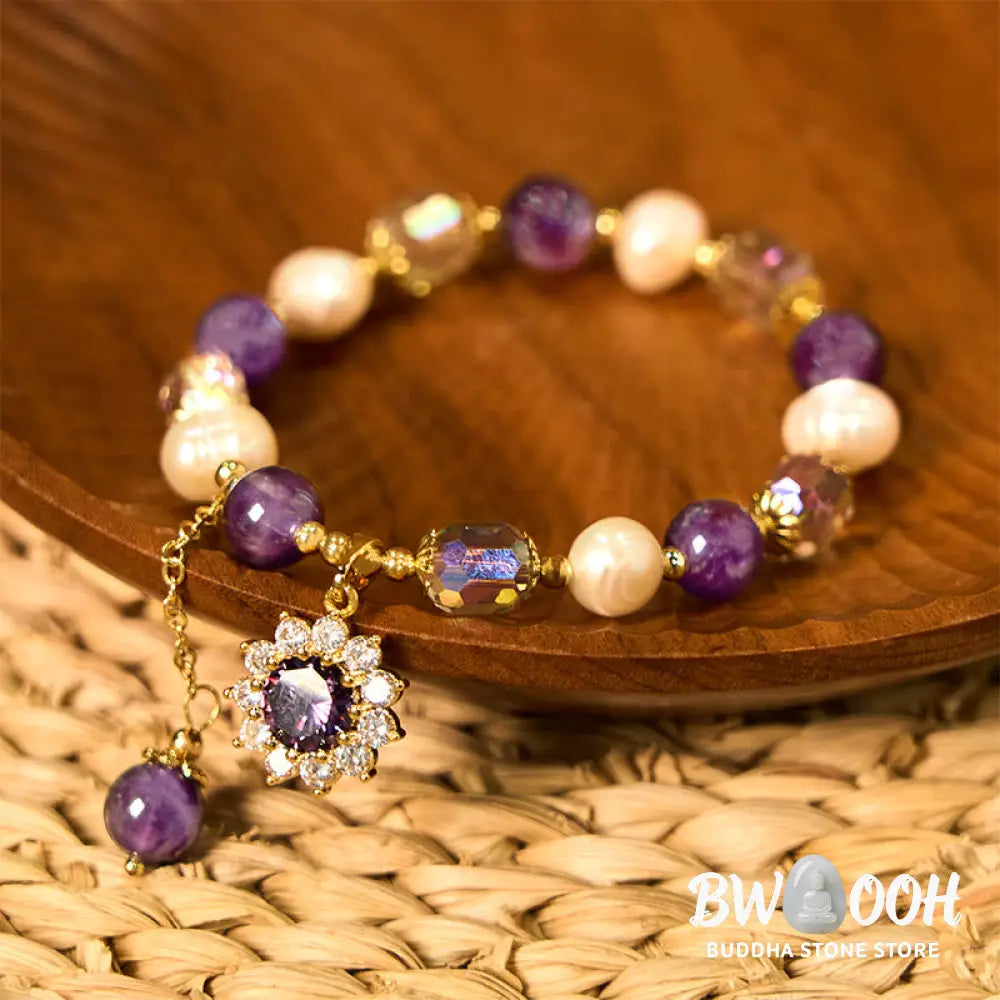 Buddha Stones Natural Amethyst Pearl Sunflower Communication Bracelet - BWOOOH - Amethyst(Wrist Circumference: 15-17cm)