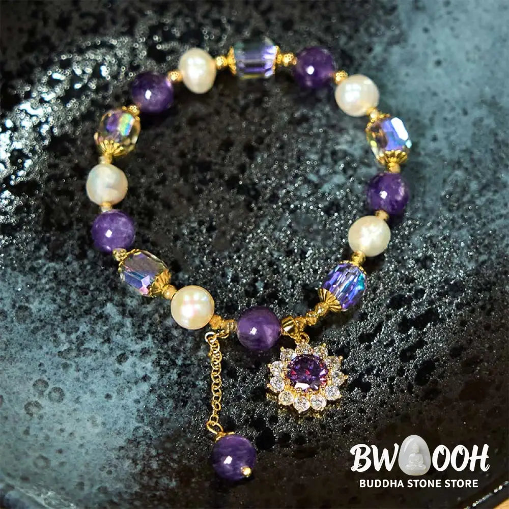 Buddha Stones Natural Amethyst Pearl Sunflower Communication Bracelet - BWOOOH - Amethyst(Wrist Circumference: 15-17cm)