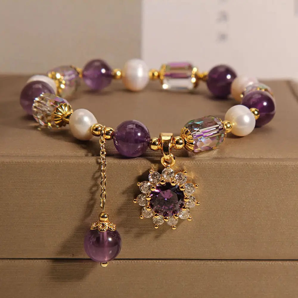 BWOOOH Natural Amethyst Pearl Sunflower Communication Bracelet — Amethyst crystal healing bracelet for spiritual healing a...