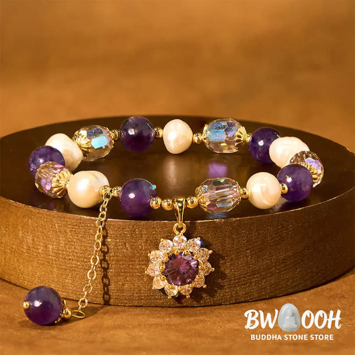 Buddha Stones Natural Amethyst Pearl Sunflower Communication Bracelet - BWOOOH - Amethyst(Wrist Circumference: 15-17cm)