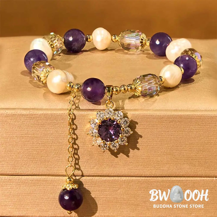 Buddha Stones Natural Amethyst Pearl Sunflower Communication Bracelet - BWOOOH - Amethyst(Wrist Circumference: 15-17cm)