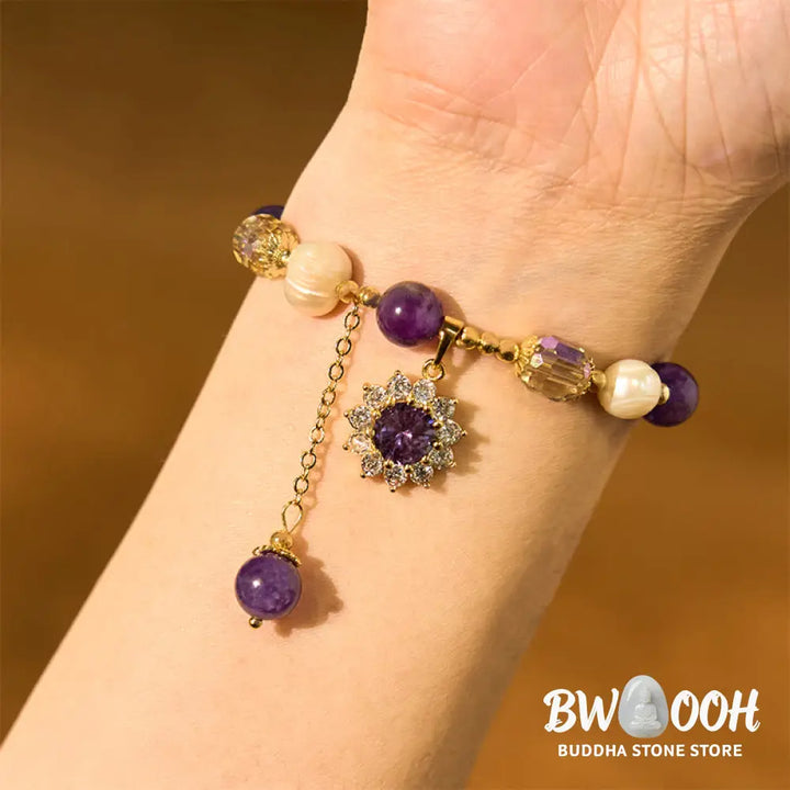 Buddha Stones Natural Amethyst Pearl Sunflower Communication Bracelet - BWOOOH - Amethyst(Wrist Circumference: 15-17cm)