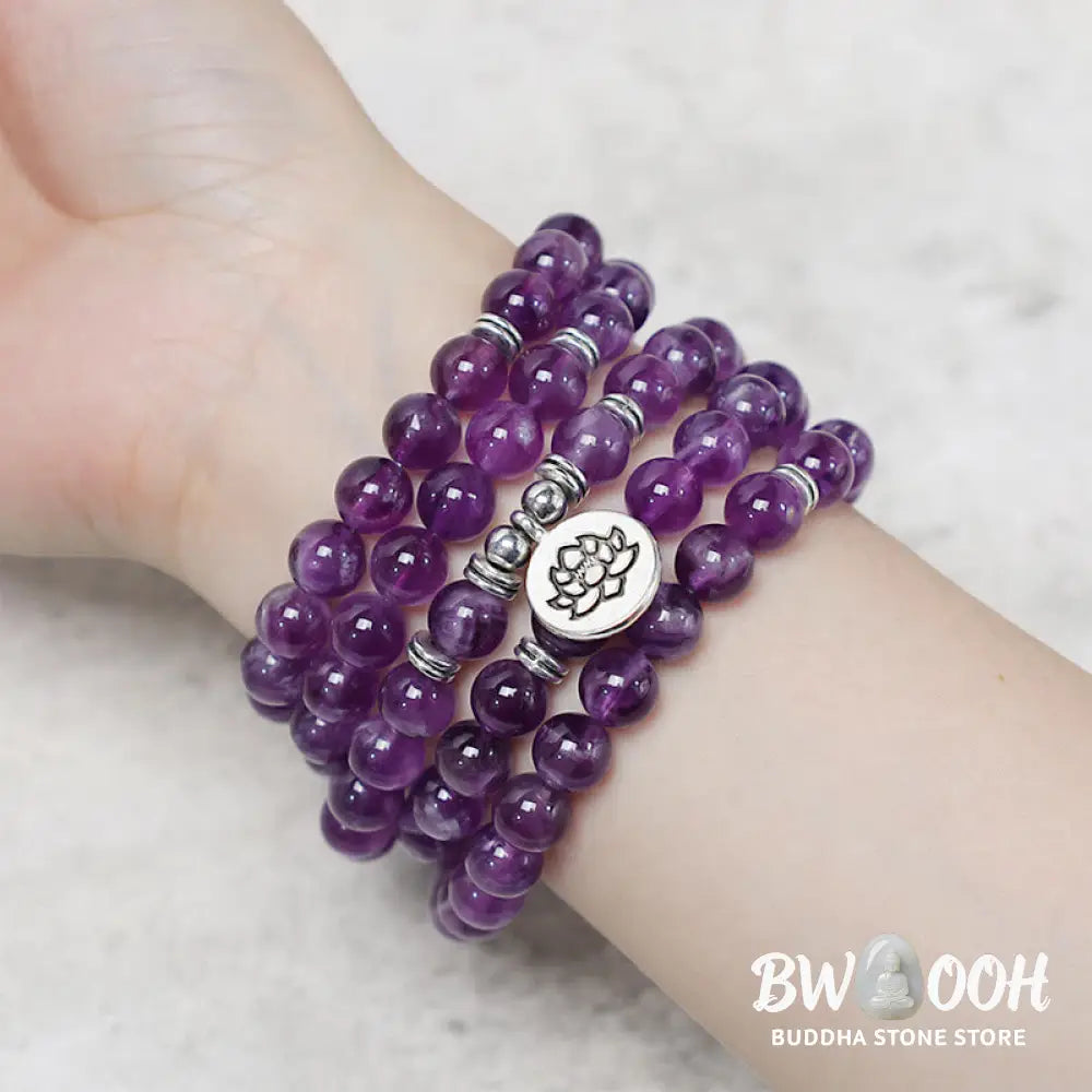 BWOOOH Natural Amethyst Purification Mala Bracelet featuring 8mm rich purple amethyst beads on an elastic band, radiating tranquil energy for spiritual cleansing and protection. - View 5