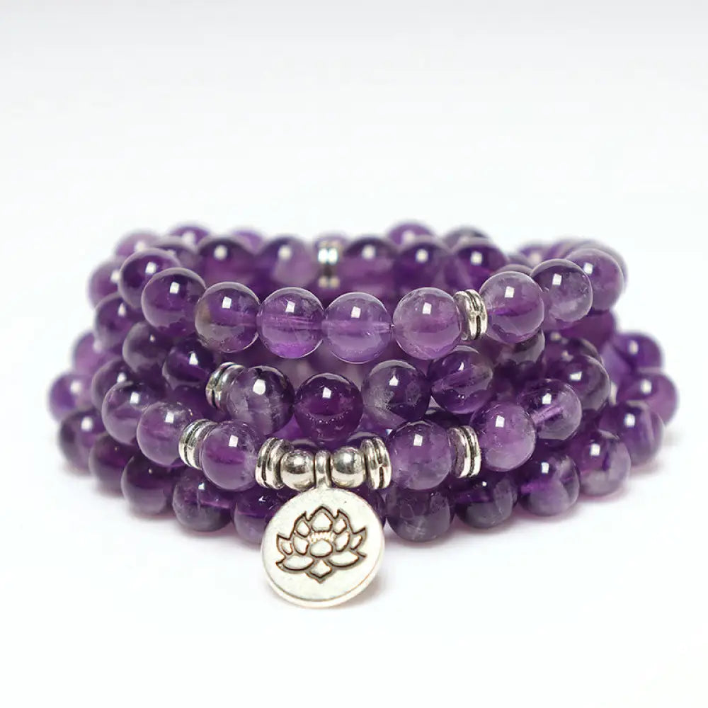 BWOOOH Natural Amethyst Purification Mala Bracelet featuring 8mm rich purple amethyst beads on an elastic band, radiating tranquil energy for spiritual cleansing and protection.