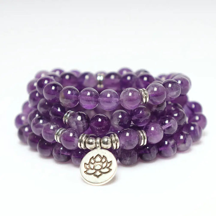 BWOOOH Natural Amethyst Purification Mala Bracelet featuring 8mm rich purple amethyst beads on an elastic band, radiating tranquil energy for spiritual cleansing and protection.