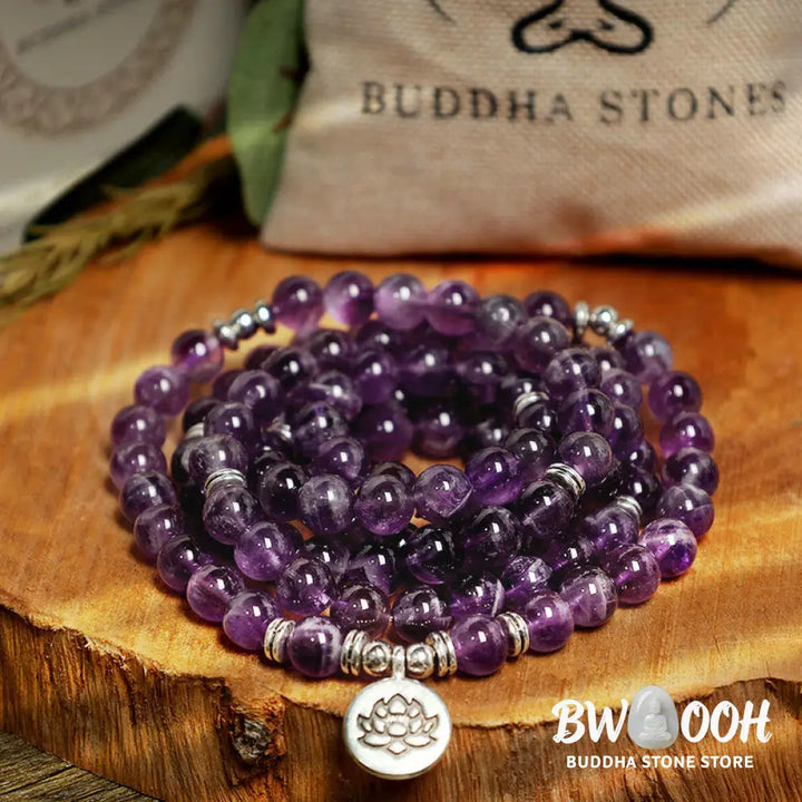 BWOOOH Natural Amethyst Purification Mala Bracelet featuring 8mm rich purple amethyst beads on an elastic band, radiating tranquil energy for spiritual cleansing and protection. - View 6