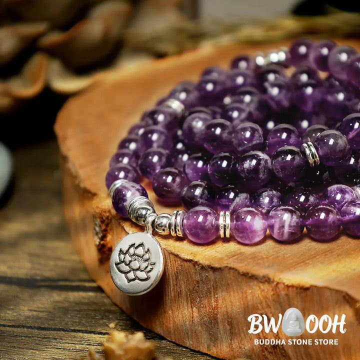 BWOOOH Natural Amethyst Purification Mala Bracelet featuring 8mm rich purple amethyst beads on an elastic band, radiating tranquil energy for spiritual cleansing and protection. - View 7