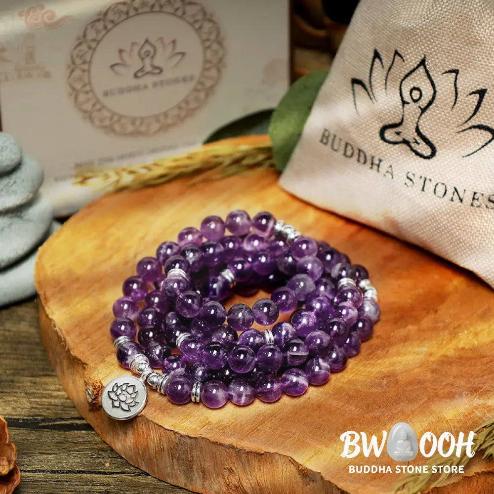 BWOOOH Natural Amethyst Purification Mala Bracelet featuring 8mm rich purple amethyst beads on an elastic band, radiating tranquil energy for spiritual cleansing and protection. - View 4