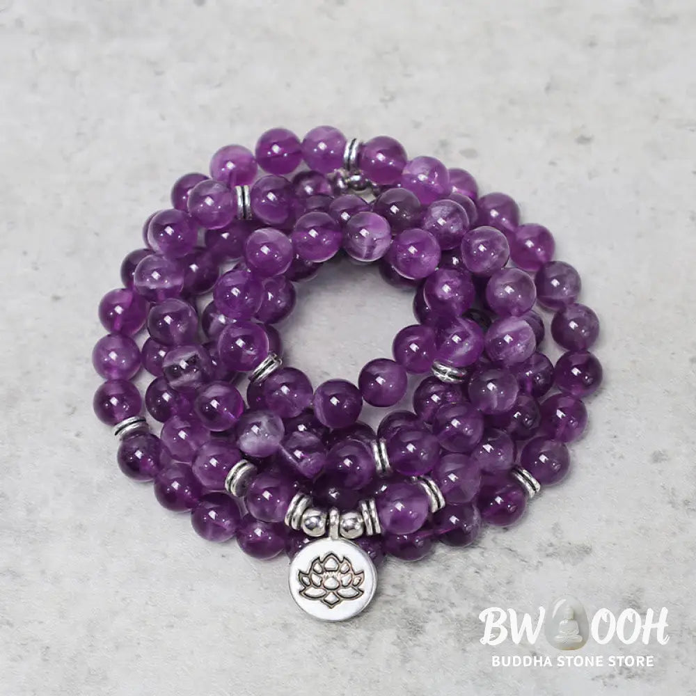 BWOOOH Natural Amethyst Purification Mala Bracelet featuring 8mm rich purple amethyst beads on an elastic band, radiating tranquil energy for spiritual cleansing and protection. - View 2