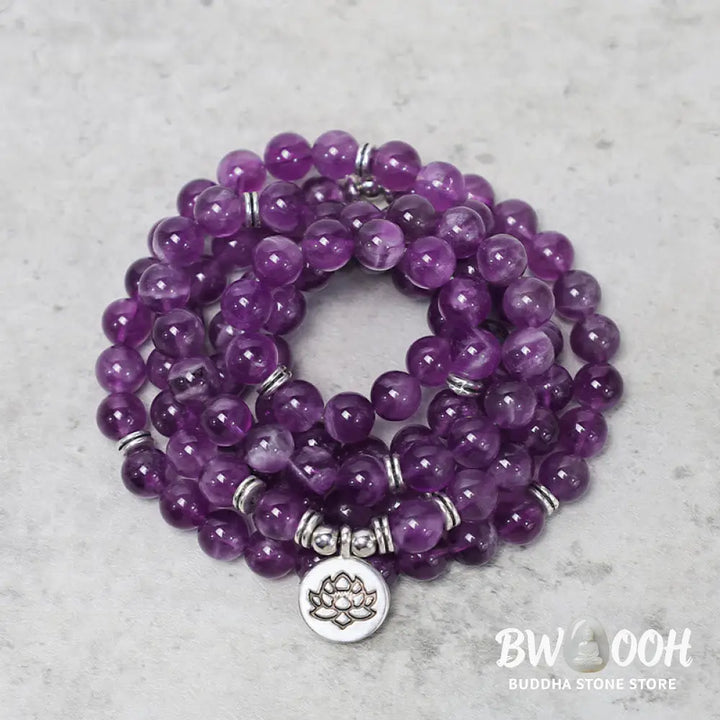 BWOOOH Natural Amethyst Purification Mala Bracelet featuring 8mm rich purple amethyst beads on an elastic band, radiating tranquil energy for spiritual cleansing and protection. - View 2