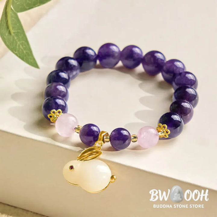 Buddha Stones Natural Amethyst Rabbit Beads Inner Peace Bracelet - BWOOOH - Amethyst(Wrist Circumference 14-16cm)