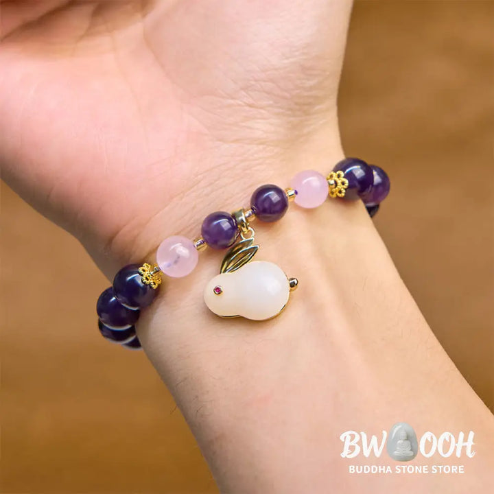 Buddha Stones Natural Amethyst Rabbit Beads Inner Peace Bracelet - BWOOOH - Amethyst(Wrist Circumference 14-16cm)