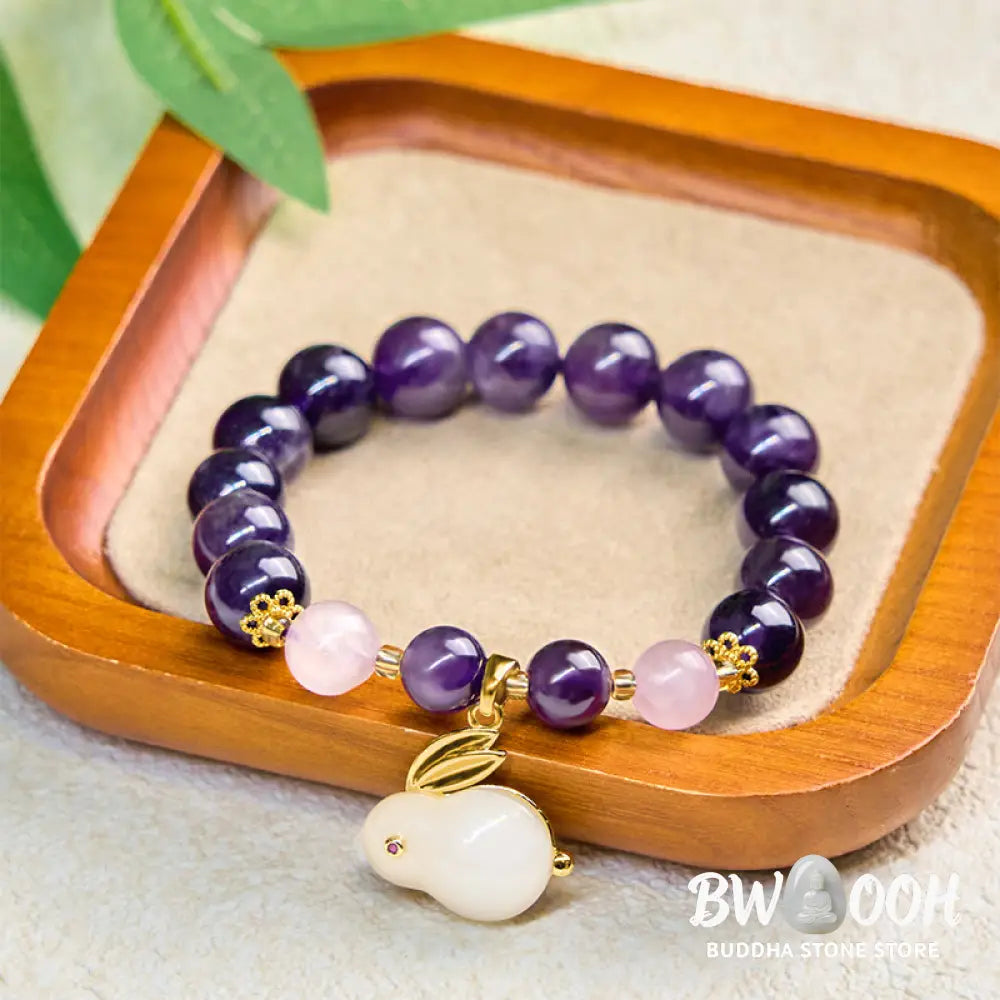 Buddha Stones Natural Amethyst Rabbit Beads Inner Peace Bracelet - BWOOOH - Amethyst(Wrist Circumference 14-16cm)