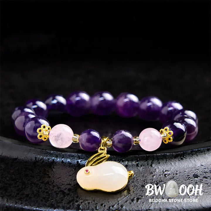Buddha Stones Natural Amethyst Rabbit Beads Inner Peace Bracelet - BWOOOH - Amethyst(Wrist Circumference 14-16cm)
