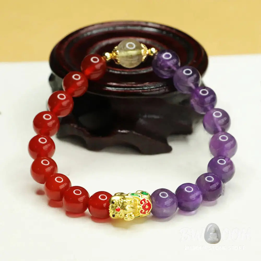 Buddha Stones Natural Amethyst Red Agate Pi Xiu Balance Bracelet - BWOOOH - Amethyst &amp; Red Agate (Wrist Circumference