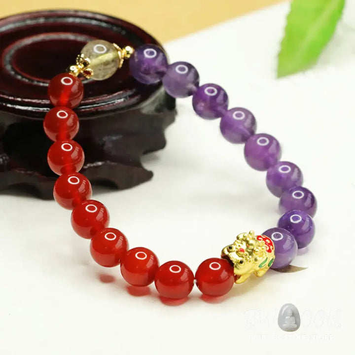 Buddha Stones Natural Amethyst Red Agate Pi Xiu Balance Bracelet - BWOOOH - Amethyst &amp; Red Agate (Wrist Circumference