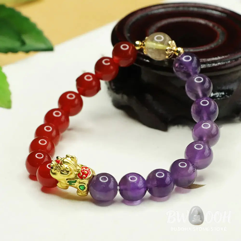 Buddha Stones Natural Amethyst Red Agate Pi Xiu Balance Bracelet - BWOOOH - Amethyst &amp; Red Agate (Wrist Circumference