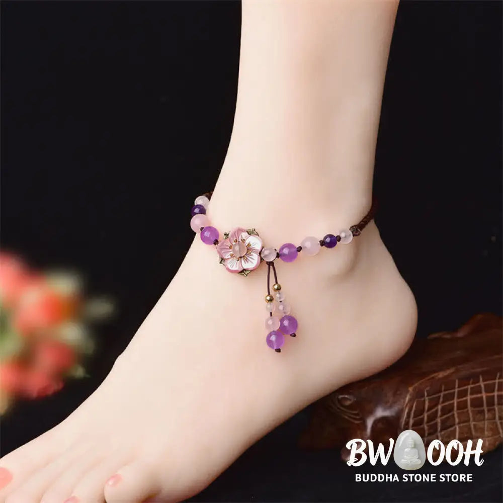 Buddha Stones Natural Amethyst Rose Quartz Crystal Charm Lucky Healing Anklet - Amethyst(Inner Peace♥Healing) - Anklet