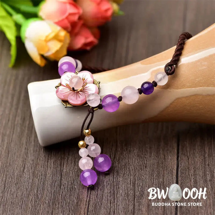 Buddha Stones Natural Amethyst Rose Quartz Crystal Charm Lucky Healing Anklet - Amethyst(Inner Peace♥Healing) - Anklet