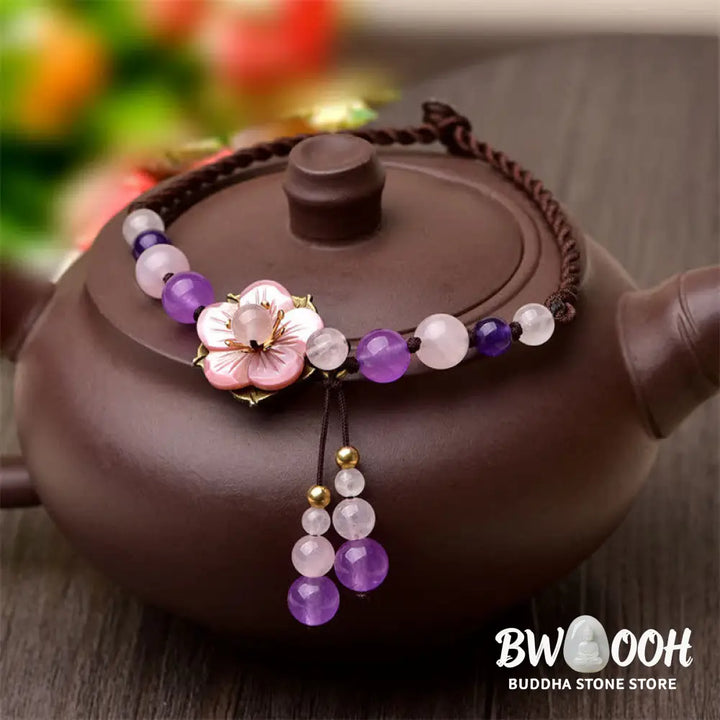 Buddha Stones Natural Amethyst Rose Quartz Crystal Charm Lucky Healing Anklet - Amethyst(Inner Peace♥Healing) - Anklet
