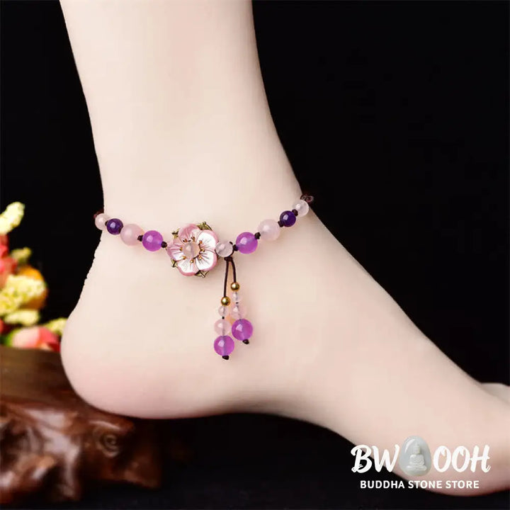 Buddha Stones Natural Amethyst Rose Quartz Crystal Charm Lucky Healing Anklet - Amethyst(Inner Peace♥Healing) - Anklet