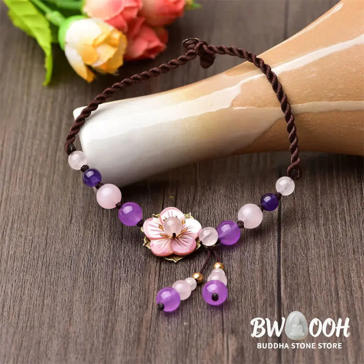 Buddha Stones Natural Amethyst Rose Quartz Crystal Charm Lucky Healing Anklet - Amethyst(Inner Peace♥Healing) - Anklet