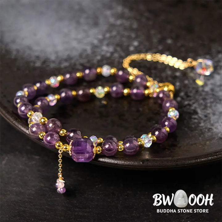 Buddha Stones Natural Amethyst Square Bead Meditation Healing Double Wrap Bracelet - BWOOOH - Amethyst(Wrist