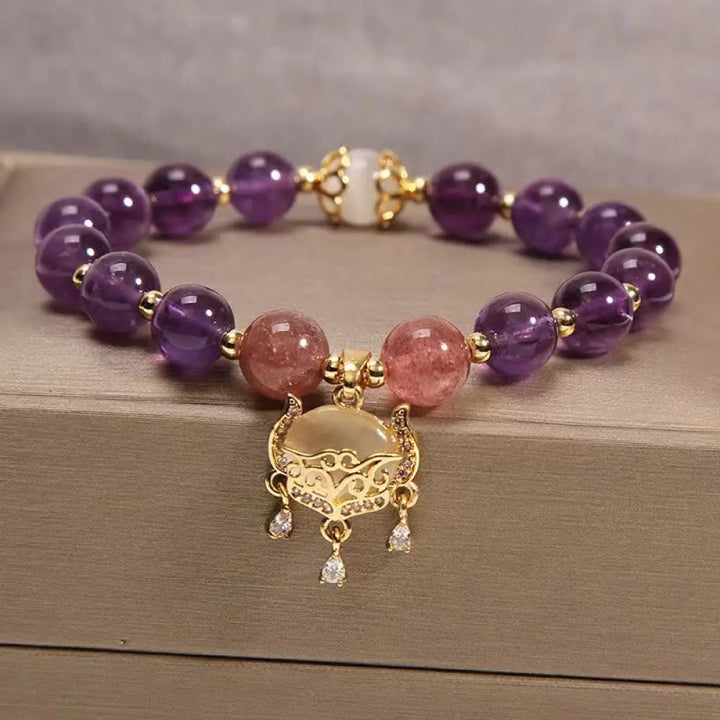 BWOOOH Natural Amethyst Strawberry Quartz Cat Eye Chinese Lock Charm Healing Bracelet - Amethyst&amp;Strawberry