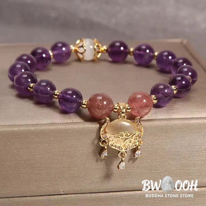 BWOOOH Natural Amethyst Strawberry Quartz Cat Eye Chinese Lock Charm Healing Bracelet - Amethyst&amp;Strawberry