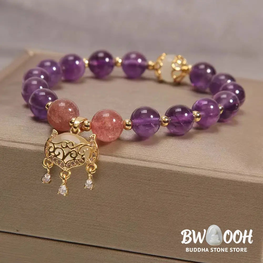 BWOOOH Natural Amethyst Strawberry Quartz Cat Eye Chinese Lock Charm Healing Bracelet - Amethyst&amp;Strawberry