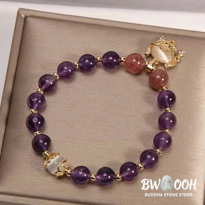 BWOOOH Natural Amethyst Strawberry Quartz Cat Eye Chinese Lock Charm Healing Bracelet - Amethyst&amp;Strawberry