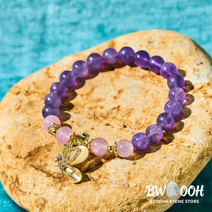 Buddha Stones Natural Amethyst Strawberry Quartz Crystal Healing Butterfly Charm Bracelet - BWOOOH - Amethyst(Wrist
