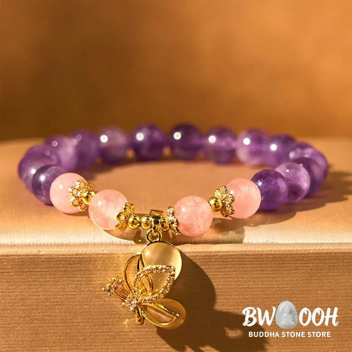 Buddha Stones Natural Amethyst Strawberry Quartz Crystal Healing Butterfly Charm Bracelet - BWOOOH - Amethyst(Wrist