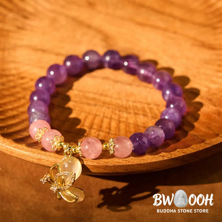 Buddha Stones Natural Amethyst Strawberry Quartz Crystal Healing Butterfly Charm Bracelet - BWOOOH - Amethyst(Wrist