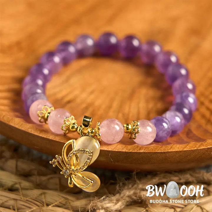 Buddha Stones Natural Amethyst Strawberry Quartz Crystal Healing Butterfly Charm Bracelet - BWOOOH - Amethyst(Wrist