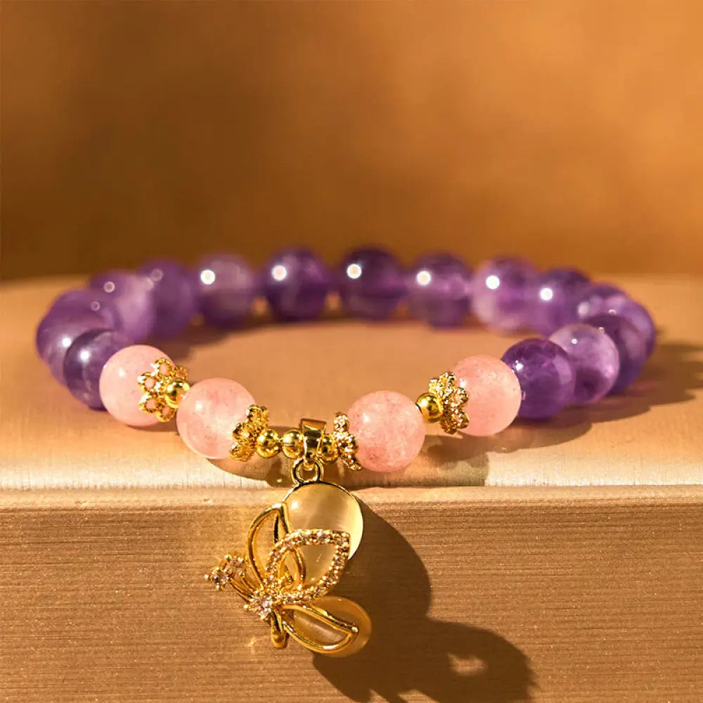 BWOOOH Natural Amethyst Strawberry Quartz Crystal Healing Butterfly Charm Bracelet — Amethyst crystal healing bracelet for...